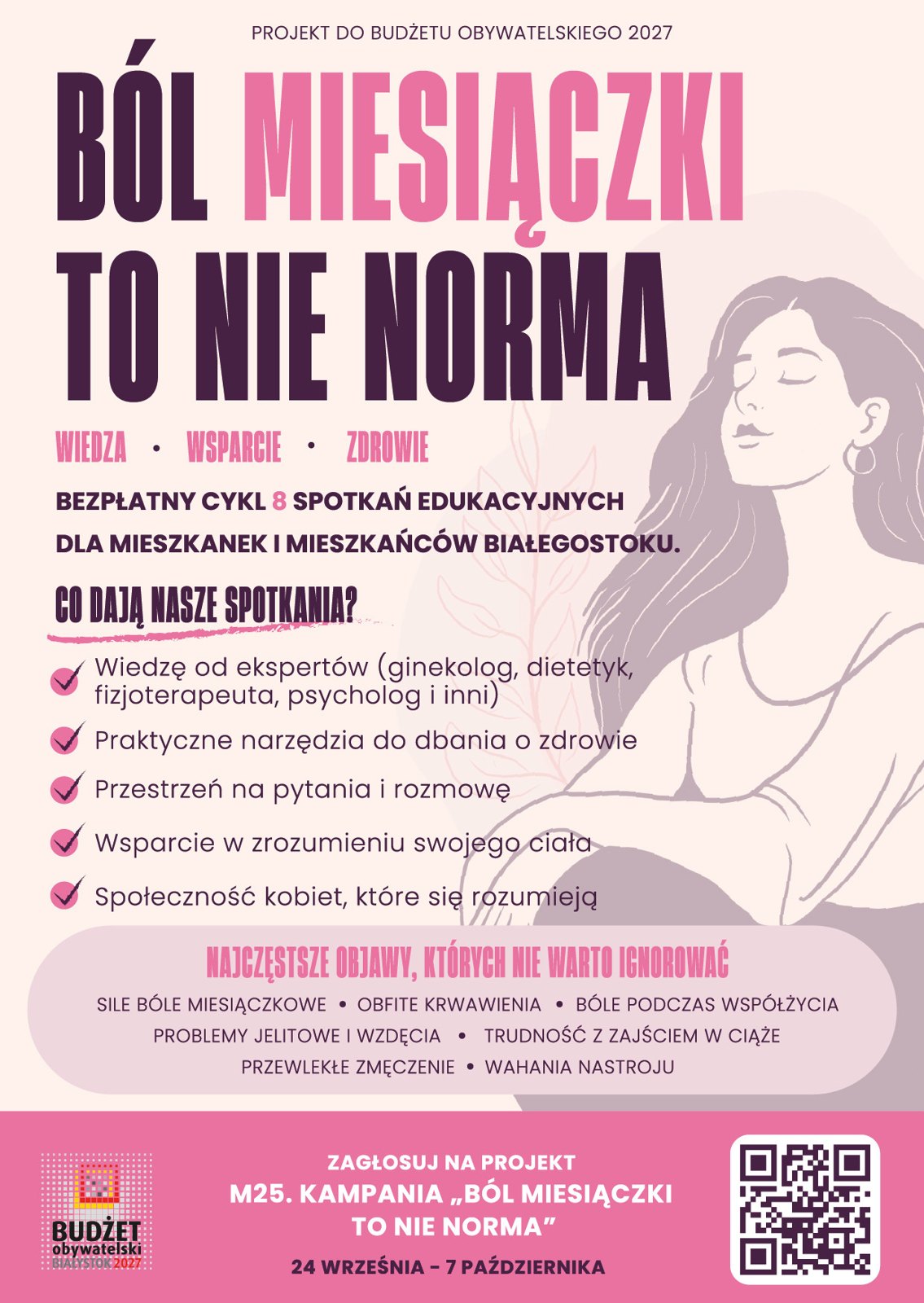 Projekt M25 Ból miesiączki to nie norma – bezpłatny cykl 8 spotkań edukacyjnych w Białymstoku, Budżet Obywatelski 2027, głosowanie 24 września – 7 października